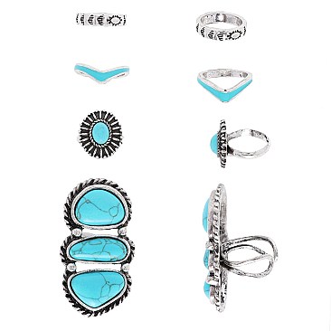 Pack of 4 Glam WESTERN TURQUOISE SEMI STONE Cuff Rings