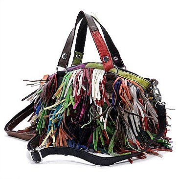 Genuine Leather Multicolor Fringe Satchel