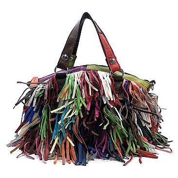 Genuine Leather Multicolor Fringe Satchel