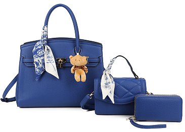 3-IN-1 Exeptional Large Size Scarfed Satchel Set With Teddy Bear