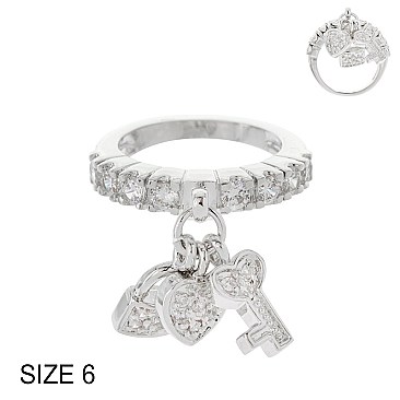 CUBIC ZIRCONIA DANGLY HEART & KEY RING SLRZ6202SI