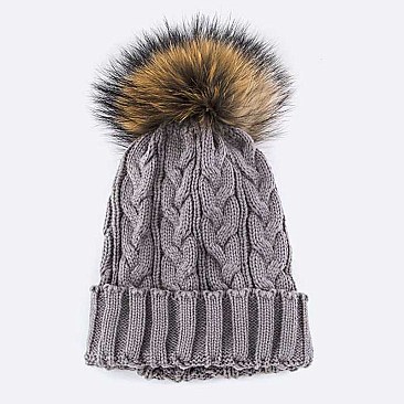 Raccoon Fur PomPom Knit Beanie