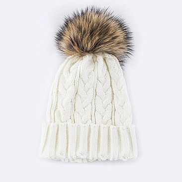 Raccoon Fur PomPom Knit Beanie