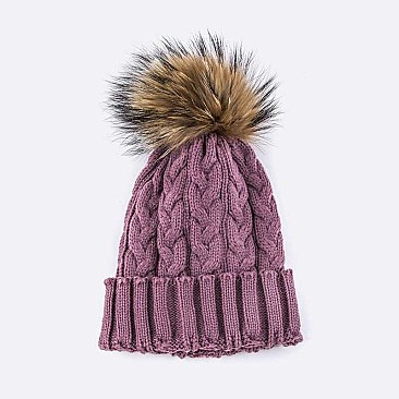 Raccoon Fur PomPom Knit Beanie