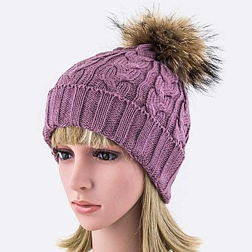 Raccoon Fur PomPom Knit Beanie