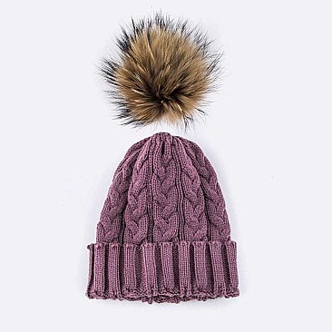 Raccoon Fur PomPom Knit Beanie