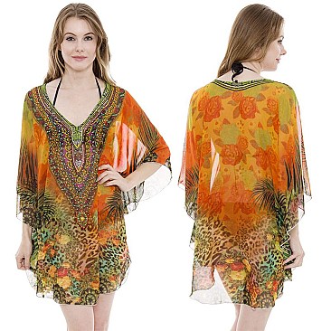 GLAM STONE STUDDED MIXED SAFARI PRINT PONCHO SLS2061