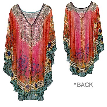 ENCHANTING STONE STUDDED MIXED PRINT PONCHO SLS2064