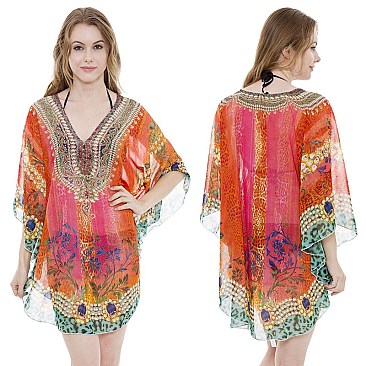ENCHANTING STONE STUDDED MIXED PRINT PONCHO SLS2064