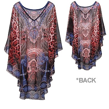 GODDESS SILKY STONE STUDDED MIXED PRINT PONCHO
