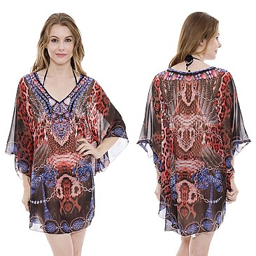 GODDESS SILKY STONE STUDDED MIXED PRINT PONCHO
