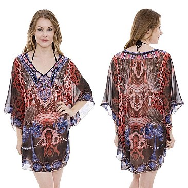 GODDESS SILKY STONE STUDDED MIXED PRINT PONCHO