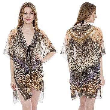 MAJESTIC STONE STUDDED MIX SAFARI PRINT SLEEK PONCHO SLS2068