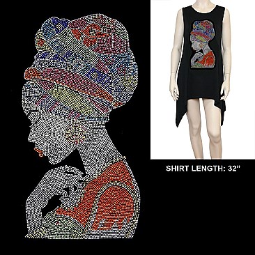 FASHIONABLE AFRO GODDESS W TURBAN HOTFIX/RHINESTONE SHIRT