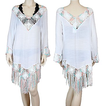 STYLISH EMBROIDERED V-NECK AND FRINGE HEM COVER UP SLS2118