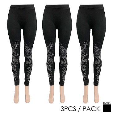 PACK OF 3 PIECES STYLISH FLORAL VINE RHINESTONED KNEE LEGGINGS SLS2125