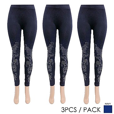 PACK OF 3 PIECES STYLISH FLORAL VINE RHINESTONED KNEE LEGGINGS SLS2125