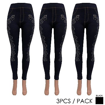 PACK OF 3 PIECES VINE RHINESTONED DENIM LEGGINGS SLS2127