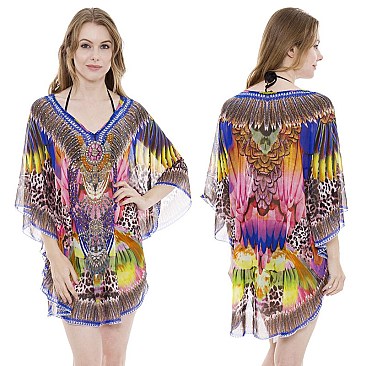LAVISH STONE STUDDED MIX SAFARI PRINT SLEEK PONCHO SLS2129