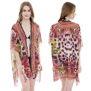 SILKY STONE STUDDED JUNGLE PRINT KIMONO