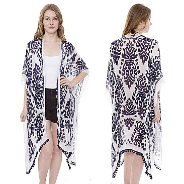 CLASSIC LIGHTWEIGHT LONG KIMONO W/ BOHEMIAN ROUND TASSEL EDGES SLS2137NV