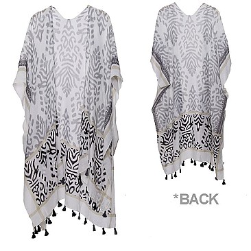 CHIC ABSTRACT PRINT LONG COVER UP KIMONO W/ TASSEL EDGES