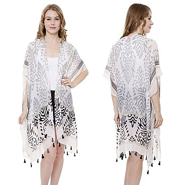 CHIC ABSTRACT PRINT LONG COVER UP KIMONO W/ TASSEL EDGES