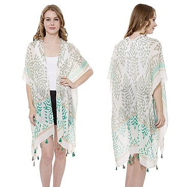 CHIC ABSTRACT PRINT LONG COVER UP KIMONO W/ TASSEL EDGES