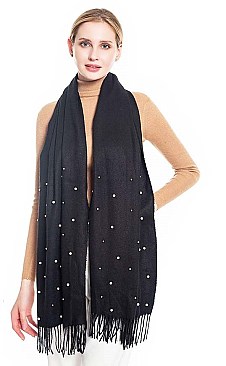 Stylish Fringed Solid Color Pearl Accent Scarf