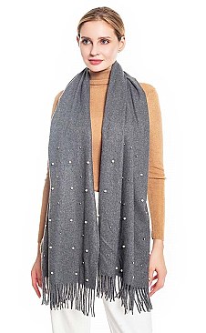 Stylish Fringed Solid Color Pearl Accent Scarf