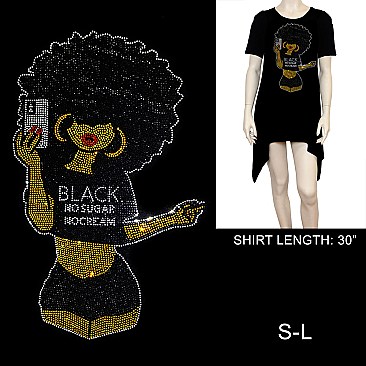 "BLACK NO SUGAR NO CREAM" RHINESTONE Short-Sleeved SHIRT