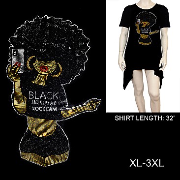 "BLACK NO SUGAR NO CREAM" RHINESTONE Short-Sleeved SHIRT