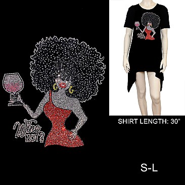 "WINE NOT?" AFRO QUEEN RHINESTONE Short-Sleeved SHIRT