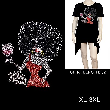 "WINE NOT?" AFRO QUEEN RHINESTONE Short-Sleeved SHIRT