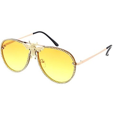 Rhinestones Aviator Bee Accent Gradient Sunglasses