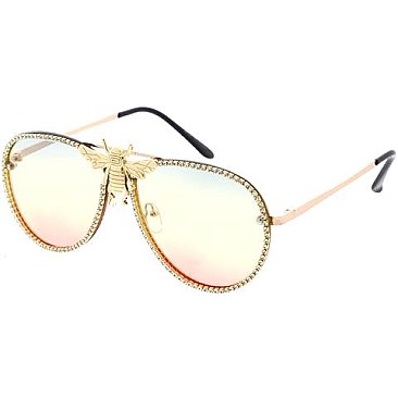 Rhinestones Aviator Bee Accent Gradient Sunglasses