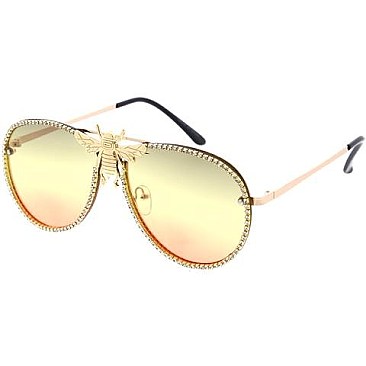 Pack of 12 Rhinestones Aviator Bee Accent Gradient Sunglasses