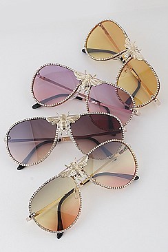 Rhinestones Aviator Bee Accent Gradient Sunglasses