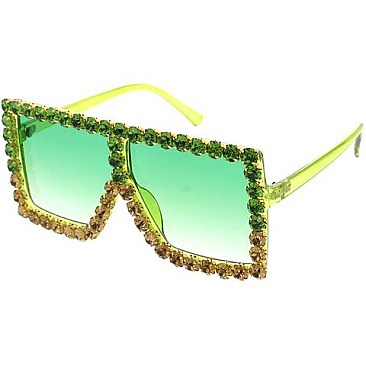 Flat Square Shield Rhinestone Decor Statement Sunglasses