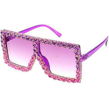 Pack of 12 Flat Square Shield Rhinestone Decor Statement Sunglasses