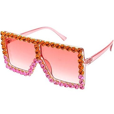 Flat Square Shield Rhinestone Decor Statement Sunglasses