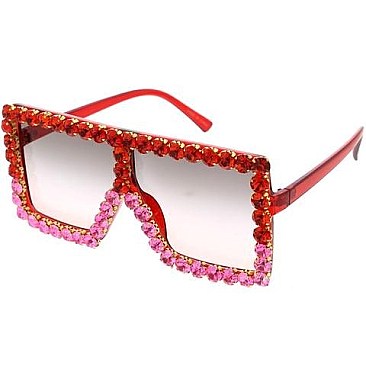 Pack of 12 Flat Square Shield Rhinestone Decor Statement Sunglasses