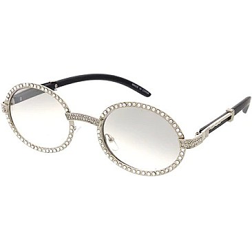Pack of 12 Rhinestone Trim Oval Sunglasses with Woodgrain Arm