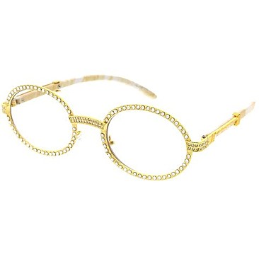 Pack of 12 Rhinestone Trim Oval Sunglasses with Woodgrain Arm
