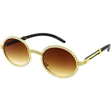 Pack of 12 Rhinestone Trim Oval Sunglasses with Woodgrain Arm
