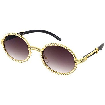 Pack of 12 Rhinestone Trim Oval Sunglasses with Woodgrain Arm