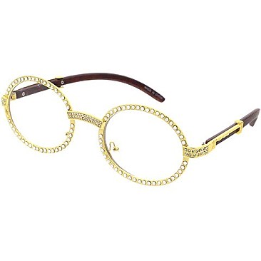 Pack of 12 Rhinestone Trim Oval Sunglasses with Woodgrain Arm