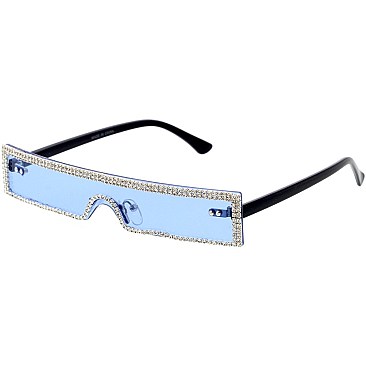 Pack of 12 Futuristic Jewel Lined Straight Shield Sunglasses
