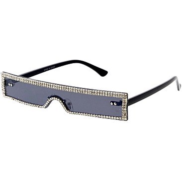 Pack of 12 Futuristic Jewel Lined Straight Shield Sunglasses