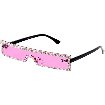 Pack of 12 Futuristic Jewel Lined Straight Shield Sunglasses